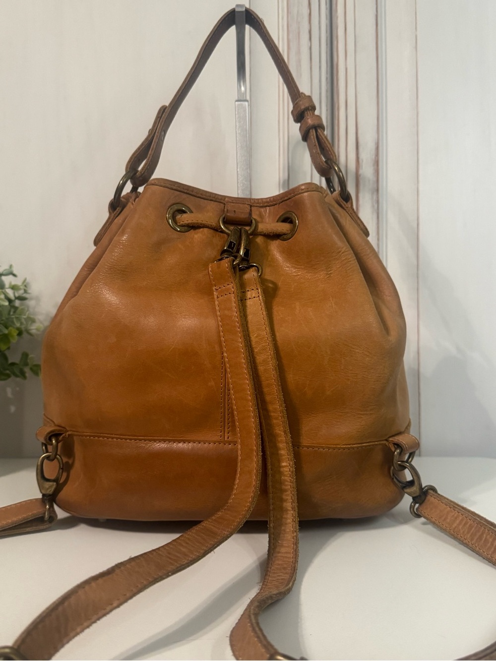 Vintage BASEBALLISM Glove Leather Drawstring Bucket Bag Purse British Tan - Picture 3 of 10